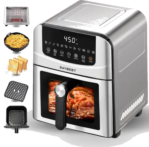 Stainless Steel Air Fryer Ceramic Coated Basket 6QT Dual-Blaze 450℉(Silver)