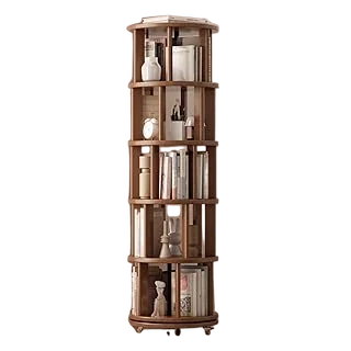 Muwuele 5-Tier Rubberwood Rotating Bookshelf — Walnut Finish