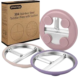 SPMKTQK 3 Pack Stainless Steel Kids Plates, Suction Divided, Baby Feeding