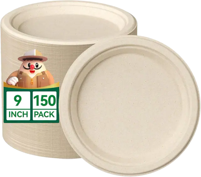 100% Compostable Paper Plates, 150 Pack 9 Inch
