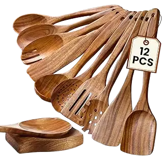 Snuvid Teak Wood Cooking Utensil Set with Spoon Rest