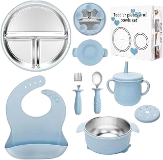 MISSLILI Stainless Steel Kids Plates and Bowls Set with Suction - (Blue)