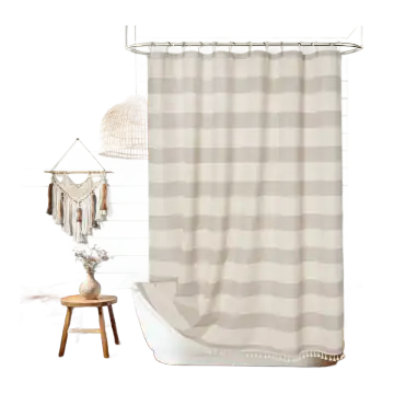 Seenus Cotton-Linen Striped Shower Curtain with Tassels — Tan