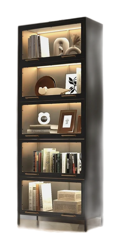 Merax Black Steel Bookcase with Tempered Glass