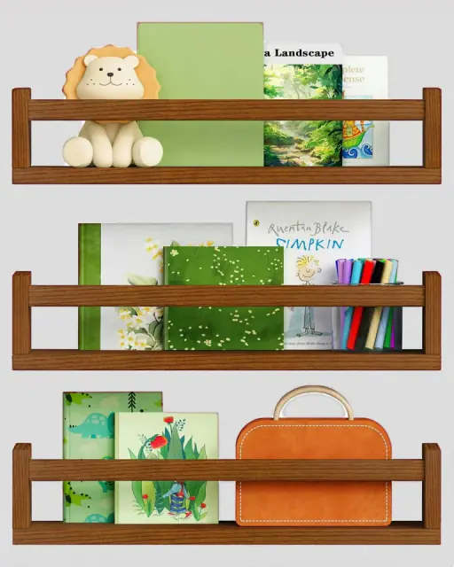Harwaya Solid Pine Book Ledges, Walnut Brown (Set of 3)