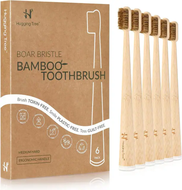 HuggingTree Boar-Bristle Bamboo Toothbrushes — 6 Pack