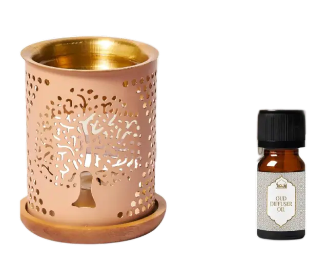 Dukhni Tree of Life Brass Oil Burner with Wooden Coaster