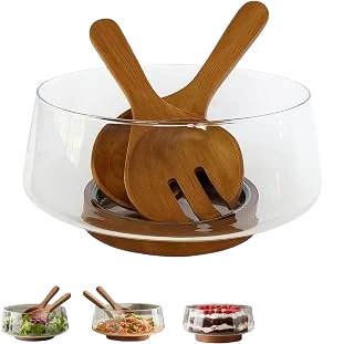 Wood & Whisk Large Glass Salad Bowl Set with Acacia Wood Base & Salad Servers