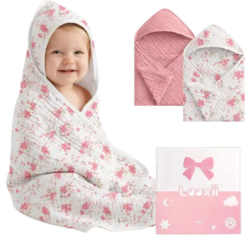 Looxii Muslin Hooded Baby Towels, 100% Cotton (2-Pack)