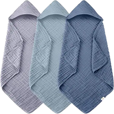 Ease Cubs Muslin Hooded Baby Towels, 100% Cotton (3-Pack)