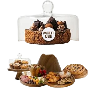 Stellarie Acacia Cake Stand with Glass Dome and Reversible Serving Board
