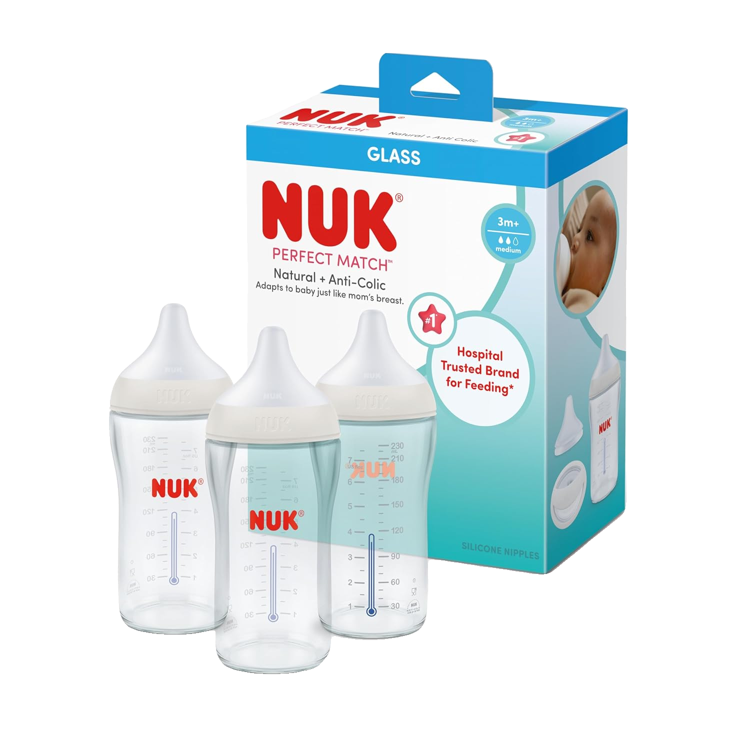 NUK Perfect Match Glass Anti-Colic Bottles, 4 oz, 3-Pack