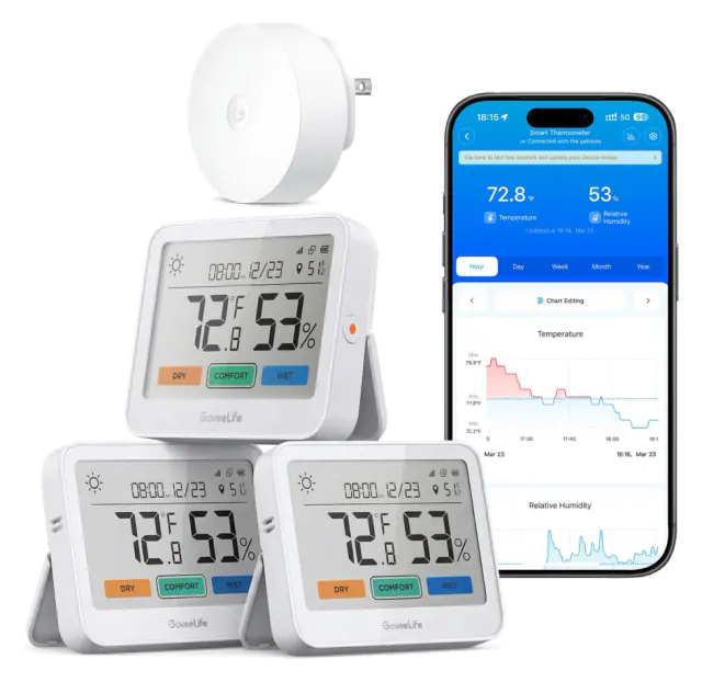 GoveeLife H5220 Wi-Fi Hygrometer — Three LCD Units and Gateway