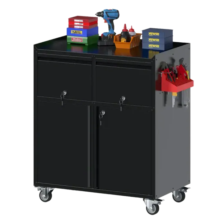 Aobabo Rolling Metal Garage Cabinet with 2 Drawers, Lock and Pegboard